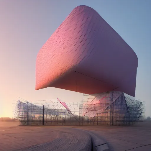 Image similar to parametric architecture, museum, concrete, facede fabric and mesh in faded pink, morning fog, blue hour, archviz, cgi, trending on artstation, corona renderer, unreal engine, ray tracing, 3 ds max, cinematic, city in the background