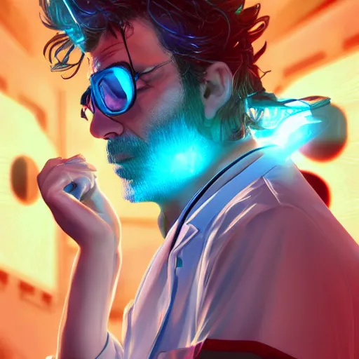 Prompt: portrait of rick sanchez, lab coat and tee shirt, lens flare, atmosphere, glow, detailed, intricate, full of colour, cinematic lighting, trending on artstation, 4 k, hyperrealistic, focused, extreme details, unreal engine 5, cinematic, masterpiece