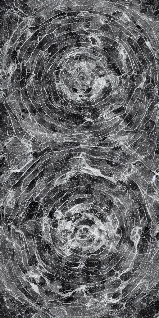 Image similar to a photorealistic render of a planimetry, on a black background, greyscale, made of melted plastic and marble, c 4 d, by zhelong xu ouchh studio and ernst haeckel, wide angle, hyper realistic, plain black background, 8 k, volumetric lightning, octane render