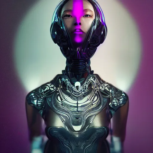 Image similar to portrait of an alien cyborg princess, style of Feng Zhu, Artstation geometric, aesthetic, smooth skin, unique features, symmetrical, intricate crown, high fashion, streetwear, cyberpunk, surreal, bold, detailed, octane render, cinematic, 8k, wires, purple skin,