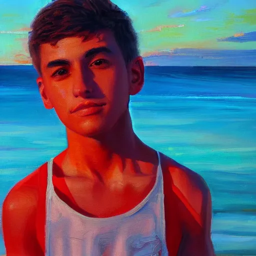 Image similar to an influencer teen guy portrait, sunset, ocean in distance, oil painting, pale colors, high detail, 8 k, wide angle, trending on artstation,