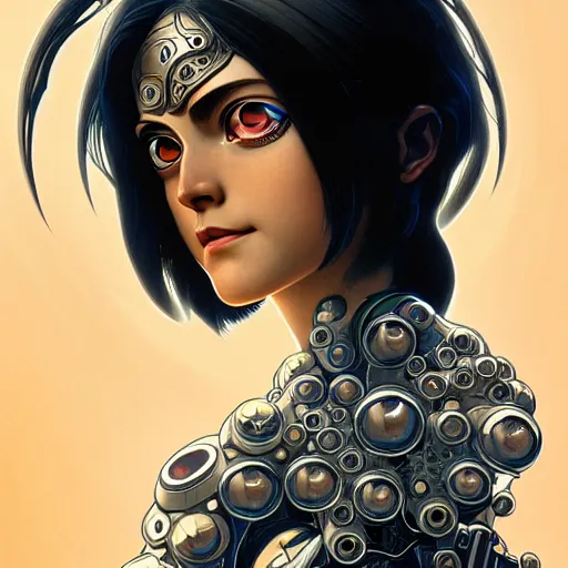 Prompt: Character Portrait of Battle Angel Alita surrounded by geometric nodes, face, fantasy, intricate, elegant, highly detailed, digital painting, artstation, concept art, smooth, sharp focus, illustration, art by Oscar Chichoni and Fernanda Suarez and Artem Demura and alphonse mucha