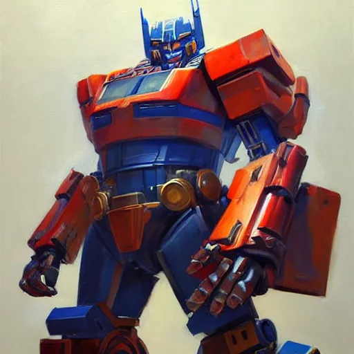 Image similar to greg manchess portrait painting of optimus prime as overwatch character, medium shot, asymmetrical, profile picture, organic painting, sunny day, matte painting, bold shapes, hard edges, street art, trending on artstation, by huang guangjian and gil elvgren and sachin teng