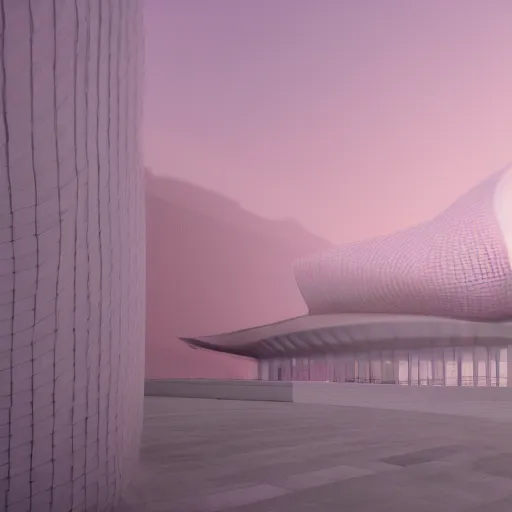 Image similar to parametric architecture, museum, concrete, facede fabric and mesh in faded pink, morning fog, blue hour, archviz, cgi, trending on artstation, corona renderer, unreal engine, ray tracing