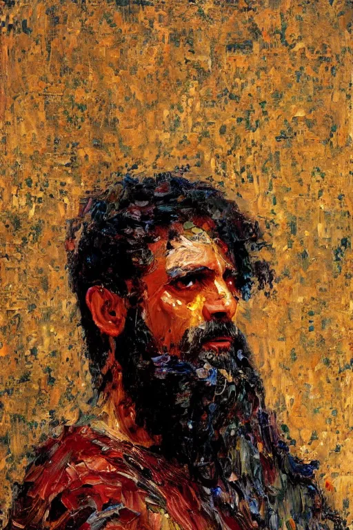 Image similar to highly detailed palette knife oil painting of a historically accurate depiction of the ancient biblical egytian prince Joseph, thoughtful, by Peter Lindbergh, impressionistic brush strokes, painterly brushwork