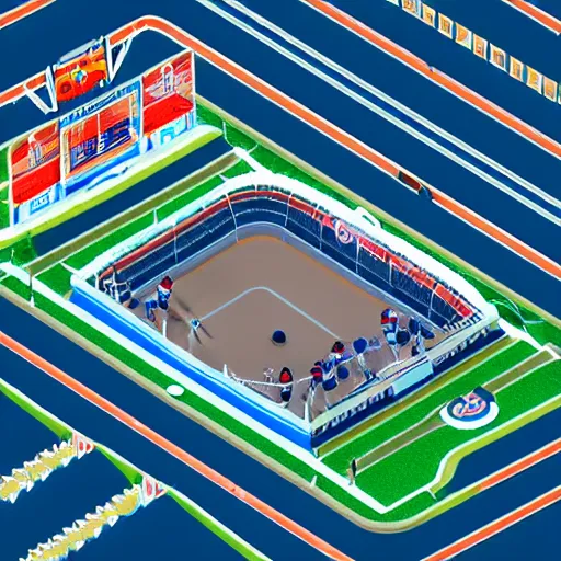 Prompt: Huge hockey arena game illustration, aerial view, isometric Voxel, pixel art, Blizzard, EASports, intricate, elegant, highly detailed, digital painting, artstation, 3d, concept art, smooth, sharp focus, art by Roman Klco and Shadow Run, brightly lit cinematic soft lighting, 4k