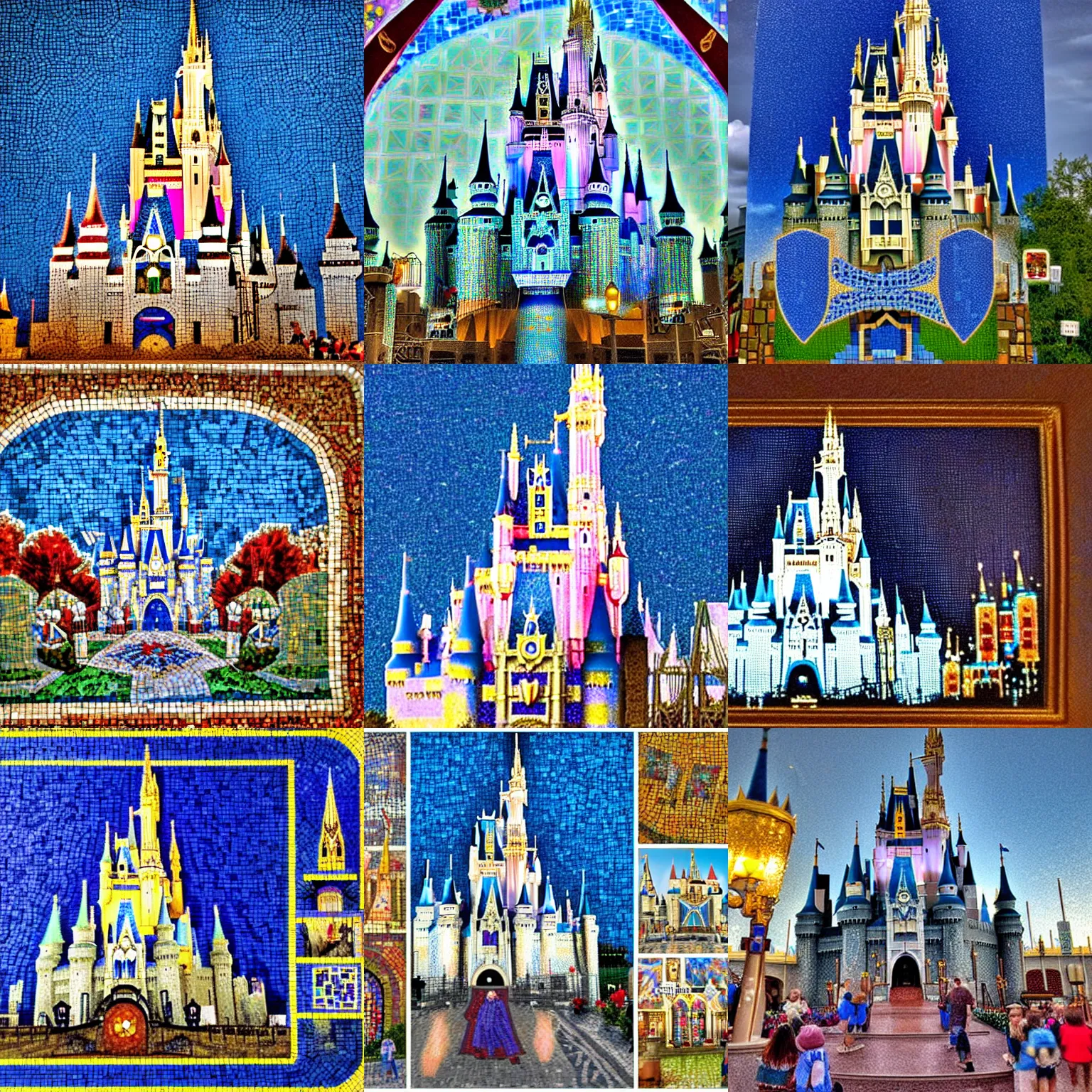 Prompt: award winning photography of mosaic cinderella castle in the magic kingdom mosaic by Dorothea Redmond