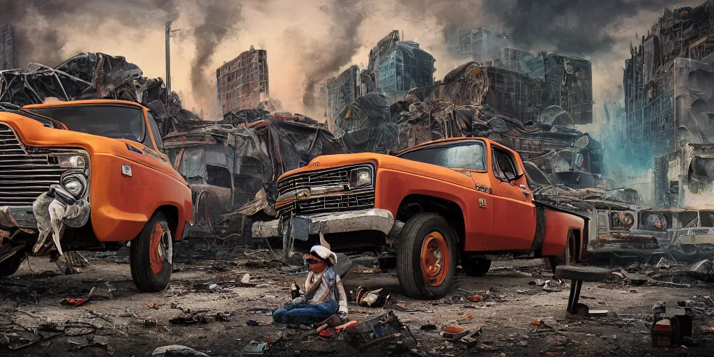 Prompt: 1970s photography of a truck driver wearing a cap sitting on an folding chair next to his colorful truck in a apocalyptic wasteland, tornado and apocalyptic city in the background, detailed intricate insanely detailed octane render, 8k artistic photography, photorealistic, chiaroscuro, hd, by David Cronenberg, Raphael, Caravaggio