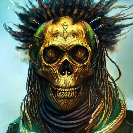 Image similar to a golden skull face monkey warrior with dreadlocks and emeralds in his forehead, Apex Legends character digital illustration portrait design, by android jones, detailed, cinematic lighting, wide angle action dynamic portrait