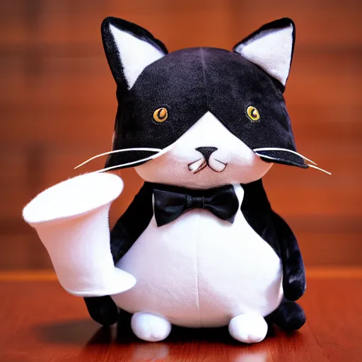 Prompt: a plushie of a cat in a top hat, famous stuffed aninals, ty.com, plush toys, uhd 4k, rtx on