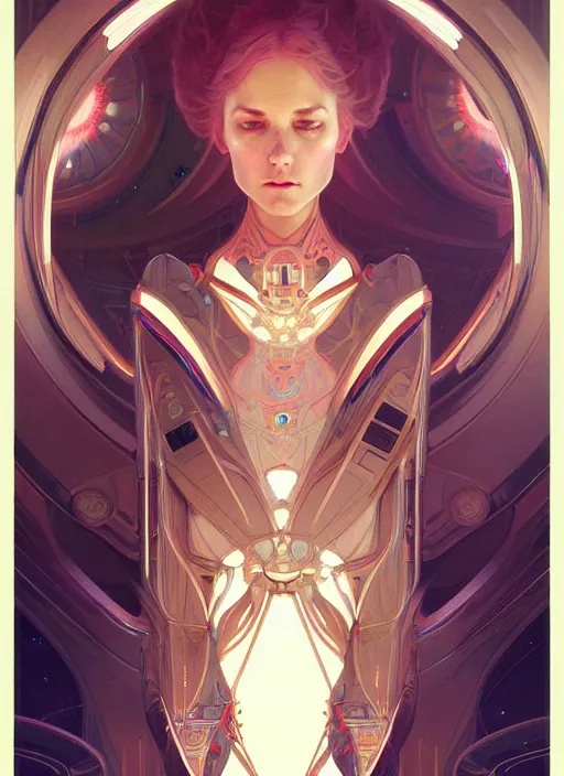 Image similar to symmetry, girl in a spaceship intricate, elegant, highly detailed, digital painting, artstation, concept art, smooth, sharp focus, illustration, art by artgerm and greg rutkowski and alphonse mucha