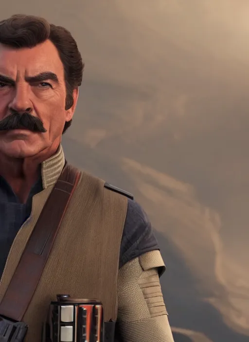 Image similar to film still of tom selleck as cal kestis in star wars jedi fallen order, gameplay, 8 k, hd