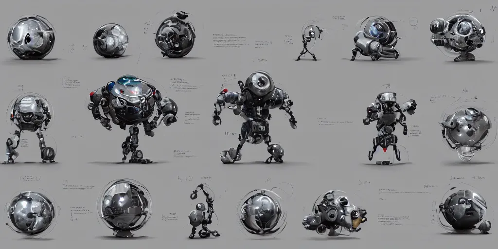 Image similar to future robot, oval, spherical, character sheet, concept design, contrast, kim jung gi, greg rutkowski, zabrocki, karlkka, jayison devadas, trending on artstation, 8 k, ultra wide angle, pincushion lens effect