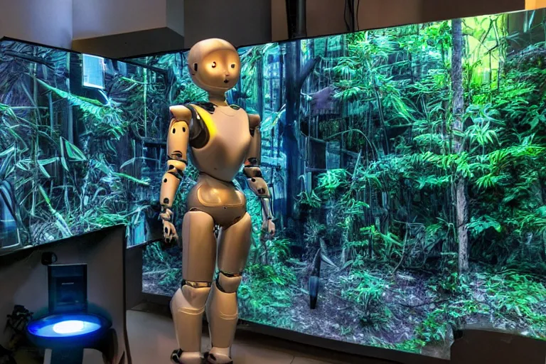 Image similar to humanoid robot staring at her reflection in a monolith, from 2001, in an urban jungle, volumetric lighting, surrounded by crt monitors, low-light photograph, in the style of jack bridgeland