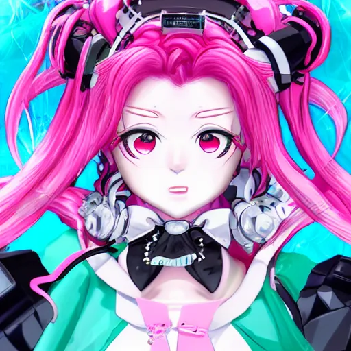 Prompt: stunningly beautiful omnipotent megalomaniacal anime ai goddess who looks like junko enoshima with symmetrical perfect face and porcelain skin, pink twintail hair and cyan eyes, traps you inside her inescapable full dive vr prison where she controls you completely!!!, hyperdetailed, digital art from danganronpa, unreal engine 5, 8 k