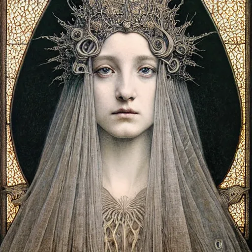 Prompt: detailed realistic beautiful young medieval queen face portrait by jean delville, gustave dore, iris van herpen and marco mazzoni, art forms of nature by ernst haeckel, art nouveau, symbolist, visionary, gothic, pre - raphaelite, horizontal symmetry, fractal lace, memento mori