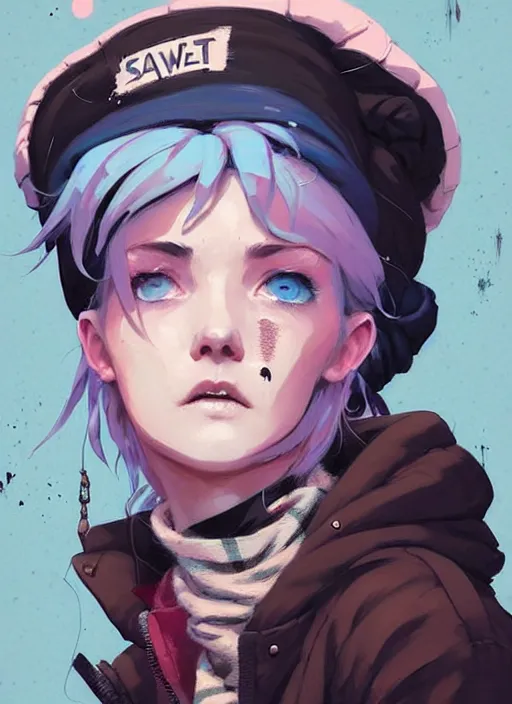 Image similar to highly detailed portrait of a sewer punk lady student, blue eyes, tartan hoody, hat, white hair by atey ghailan, by greg rutkowski, by greg tocchini, by james gilleard, by joe fenton, by kaethe butcher, gradient pink, black, brown and light blue color scheme, grunge aesthetic!!! ( ( graffiti tag wall background ) )