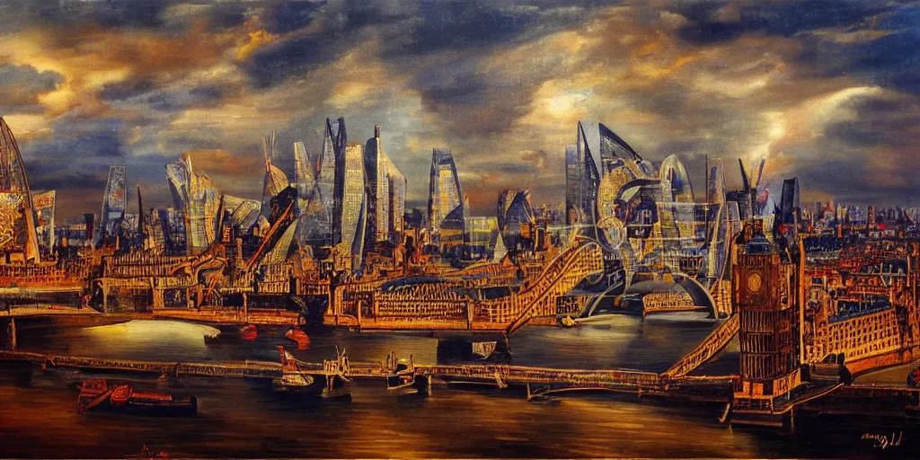 Image similar to oil painting of the london skyline, highly detailed, dramatic lighting, intense shadows, rich deep colours, by salvador dali