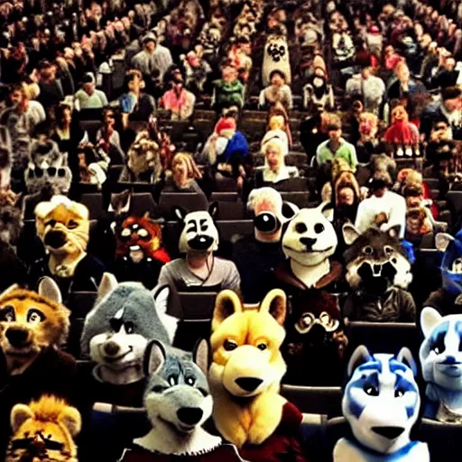 Image similar to a film still of a convention full of furries and fursuiters, directed by andrei tarkovski, cinematic