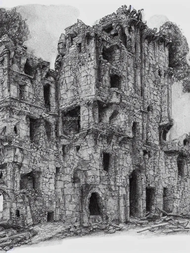 Image similar to A pen drawing of a dilapidated ancient castle building in the wood, by Juan Francisco Casas, high detailed