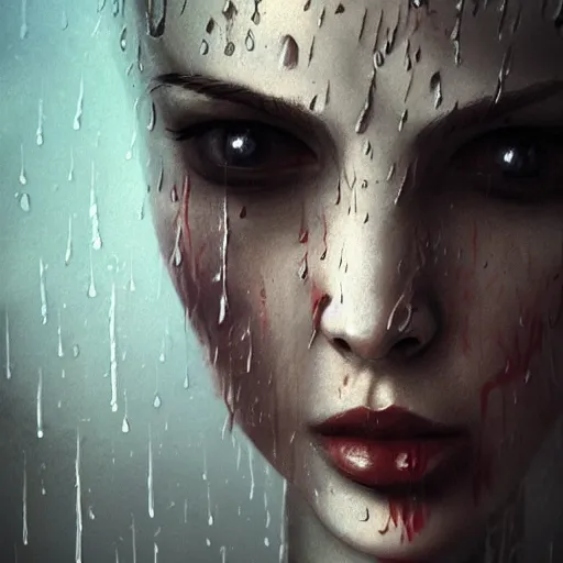 Prompt: shadow of the cross, impudent facial expression of shameless woman, atmosphere of bloody rain, trending on artstation, highly detailed, digital painting, volumetric light, concept art, sharp focus, illustration