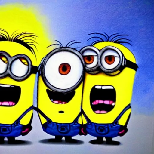 Prompt: a crayon drawing of minions from minions