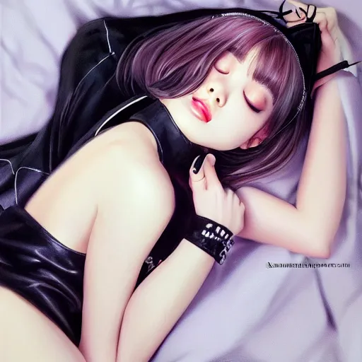 Image similar to realistic detailed semirealism beautiful gorgeous cute Blackpink Lalisa Manoban sleeping, black hair black cat ears, black leather choker, proportional body, WLOP, Aztodio, Taejune Kim, sakimichan, ArtGerm, Pixiv, Instagram, Artstation