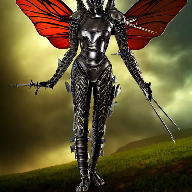 Image similar to adult fairy warrior with insectoid armour, 4 k, hdr, smooth, sharp focus, high resolution, award - winning photo, anne stokes, photorealistic