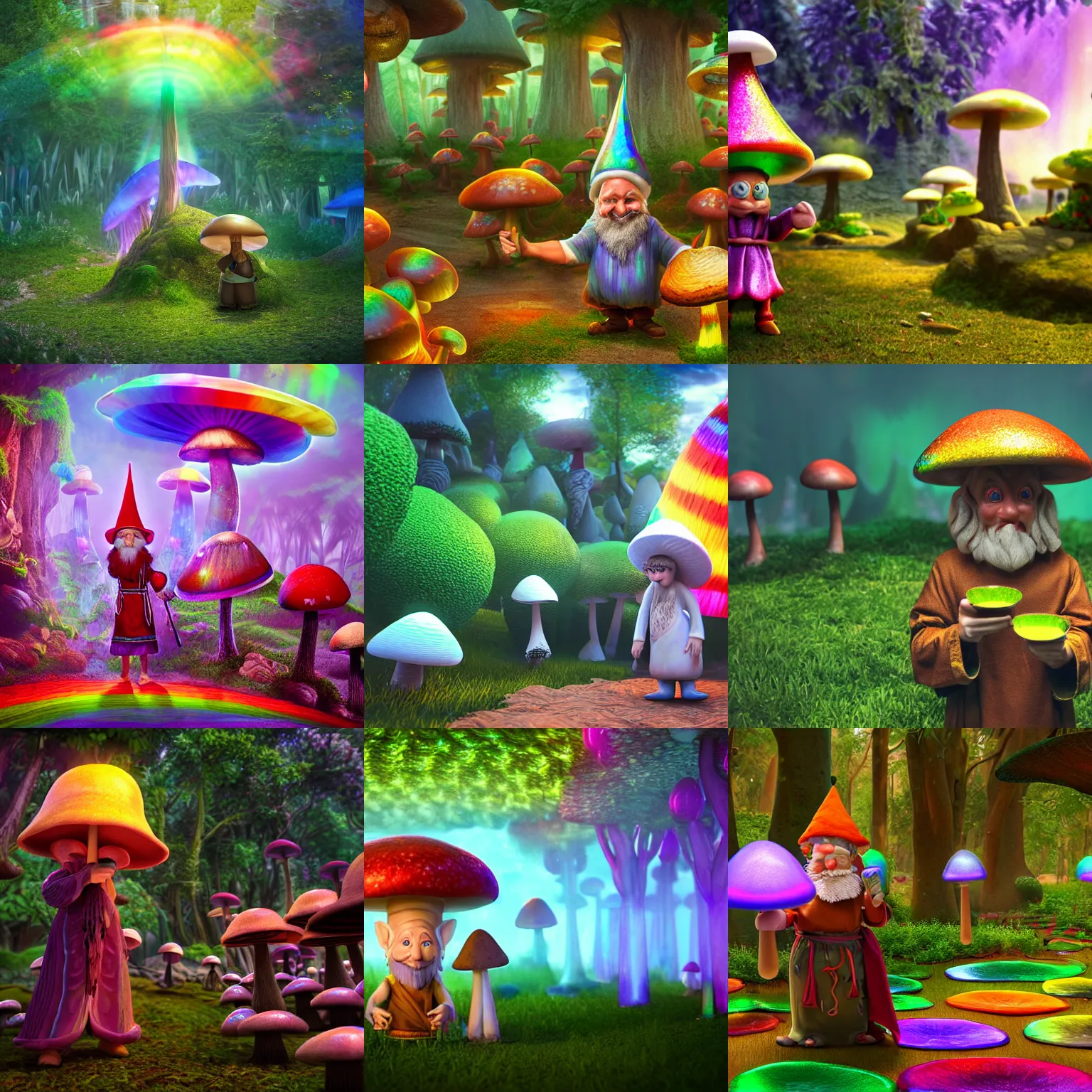 Prompt: hey, do you want some of my mushroom juice? the wizardly gnome asked politely while wearing a robe of iridescent glowing rainbows manufactured by the seventh order of enthrokshin. the magical ethereal mushroom grove village. sacred cinematic 8 k octane render bloom lighting