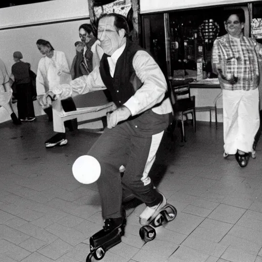 Image similar to Photo of President Nixon rollerblading in a Mexican restaurant, award-winning front-page newspaper, grainy, 1970s