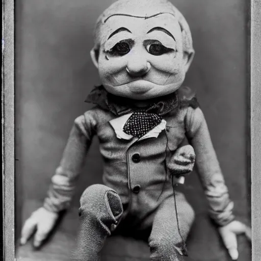 Prompt: ventriloquist figure laying on a stage, smiling, photograph, style of atget, unsettling, spooky, moody