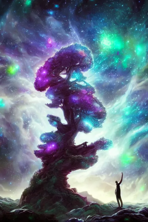 Prompt: galaxy bender experiencing the quantum field, elevated consciousness, beautiful astrological neural network, bob ross matte painting and tim burton comic book art, realistic, trending on artstation, sharp focus, depth of field, cinematic composition, physics splashes of colors, unreal engine galaxy tree