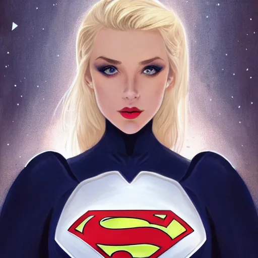 Prompt: a beautiful portrait of a beautiful cute superhero woman, blonde hair, matte navy - blue bodysuit with a white star and white cape, intricate, elegant, 8 k, highly detailed, digital painting, concept art, smooth, sharp focus, illustration, disney, anime, by artgerm and loish and wlop and alphonse mucha