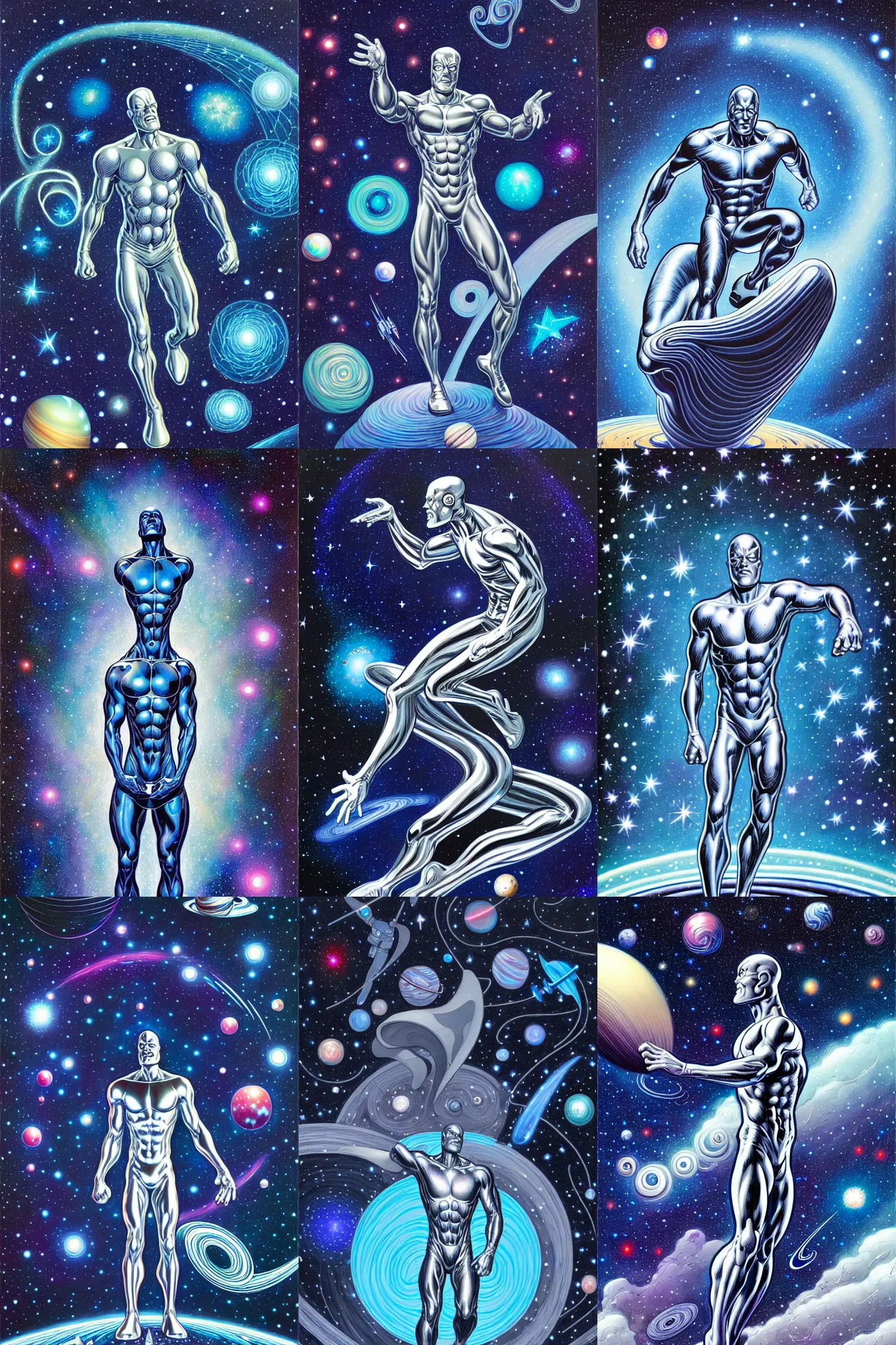 Prompt: silver surfer in space with many stars and spiral galaxies in the background, painting by james jean, very detailed and chrome, trending on artstation, behance contest winner