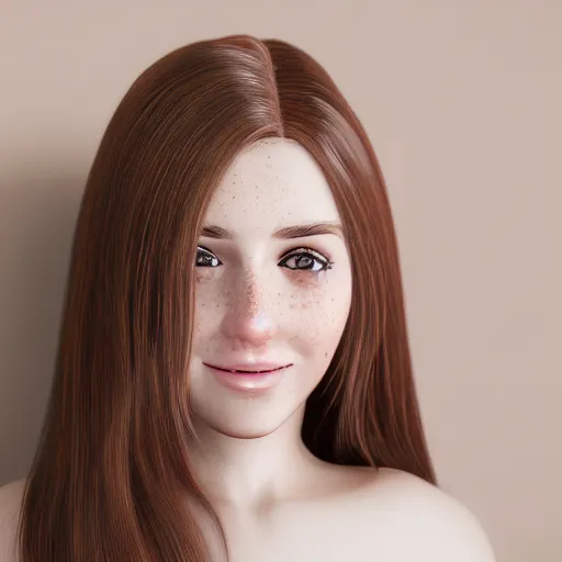 Prompt: Photograph of April, a cute 3D young woman, long shiny bronze brown hair, full round face, green eyes, medium skin tone, light cute freckles, light blush, smiling softly, wearing casual clothing, interior lighting, cozy living room background, medium shot, mid-shot, hyperdetailed, hyperreal, trending on Artstation, Unreal Engine, 4k,