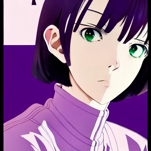 Image similar to anime poster film still portrait, young woman, black woman, purple colored eyes, purple colored eyes, white french bob, green colored bomber jacket, detailed facial features, dynamic pose, cute face by ilya kuvshinov, yoh yoshinari, makoto shinkai, rimlight, cel shaded, 4 k