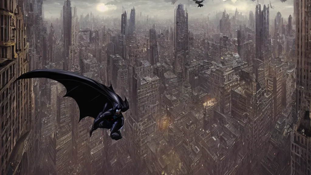 Prompt: realistic wide angle photo, of Batman flying in the city, Moebius and Giger, greg rutkowski, very coherent, cinematic, hyper realism, high detail, vivid colors, octane render, unreal engine, 8k, Smooth gradients, High contrast, depth of field by Jacek Yerka