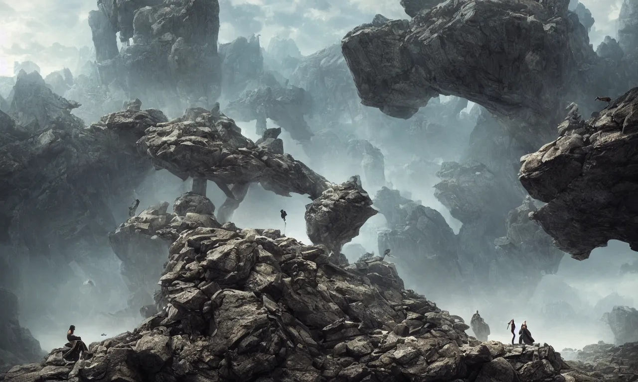 Image similar to creature made of rocks throwing rocks alpine valley. greg rutkowski, andreas achenbach, artgerm, mikko lagerstedt, zack snyder, tokujin yoshioka