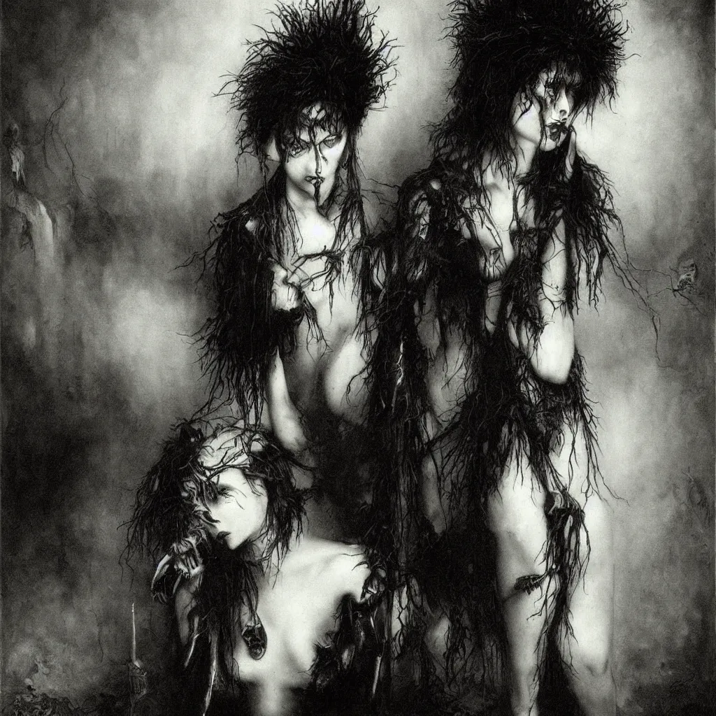 Prompt: siouxsie sioux, creepy atmosphere, dark, portrait, realistic, very realistic, illustration by gustave dore