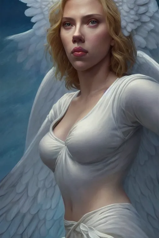 Image similar to Scarlett Johansson as a Heavenly Angel , Highly Detailed anatomy, only two hands, highly detailed, digital painting, artstation, concept art, smooth, sharp focus, illustration, Unreal Engine 5, 8K, art by art by artgerm and greg rutkowski and edgar maxence