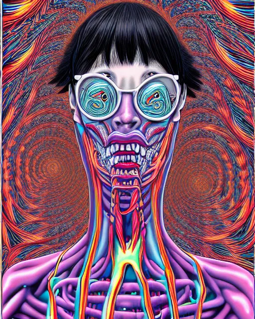 Image similar to human body breaking away, conjuring psychedelic illustration, part by shintaro kago, part by alex gray, ultra realistic, highly detailed, 8 k, trending on artstation, symmetry