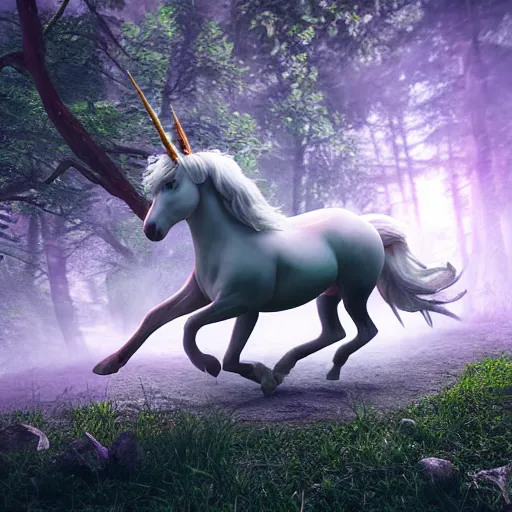 Image similar to realistic octane render 8k of fantasy scene unicorn running in the forest