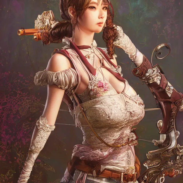 Prompt: the portrait of lawful neutral semi - colorful female archer socialite as absurdly beautiful, gorgeous, elegant, young gravure idol, an ultrafine hyperdetailed illustration by kim jung gi, irakli nadar, intricate linework, bright colors, octopath traveler, final fantasy, unreal engine 5 highly rendered, global illumination, radiant light, detailed and intricate environment