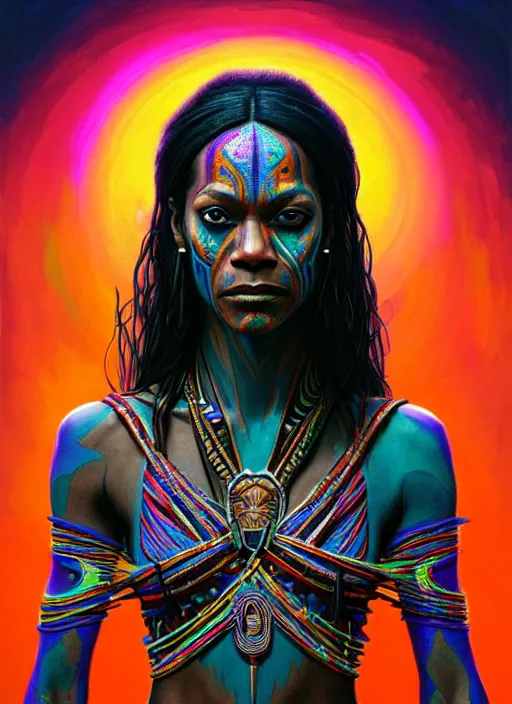 Prompt: portrait of zoe saldana, hyper detailed ultra sharp aztec shaman warrior. trending on artstation, warpaint aesthetic, bloodwave, colorful, psychedelic, ornate, intricate, digital painting, concept art, smooth, sharp focus, illustration, art by artgerm and greg rutkowski and h. r. giger, 8 k