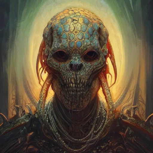 Image similar to Portrait of an undead ilithid mindflayer dracolich, honeycomb background, d&d, fantasy, intricate, elegant, highly detailed, digital painting, artstation, concept art, smooth, sharp focus, illustration, art by Krenz Cushart and Artem Demura and alphonse mucha