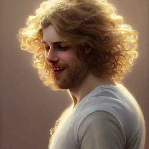 Image similar to A pregnant pale blond young man with closed eyes smiling, very detailed face, long fluffy curly blond hair, light blond hair, gorgeous, beautiful, intricate, highly detailed, digital painting, artstation, concept art, sharp focus, illustration, art by greg rutkowski and alphonse mucha