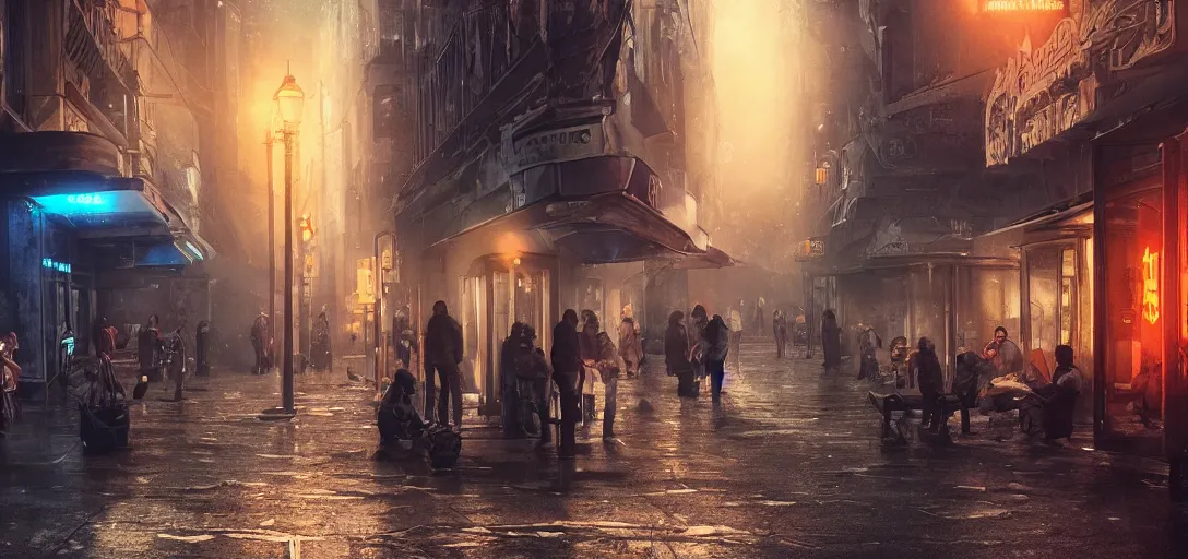 Image similar to some people waiting in a lone bus stop in qiet dark city, hyper detailed, orange red blue tones dramatic lighting, cgsociety, realistic, hyper detailed, insane details, intricate, dramatic lighting, hypermaximalist, golden ratio, rule of thirds, octane render, weta digital, micro details, ultra wide angle, artstation trending, 8 k,