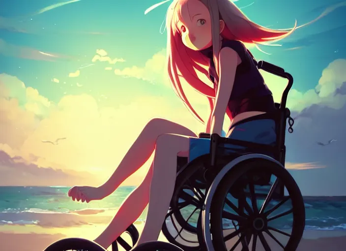 Prompt: portrait of cute girl, sunset sky in background, beach landscape, illustration concept art anime key visual trending pixiv fanbox by wlop and greg rutkowski and makoto shinkai and studio ghibli and kyoto animation, futuristic aerodynamic wheelchair, symmetrical facial features, future clothing, backlit