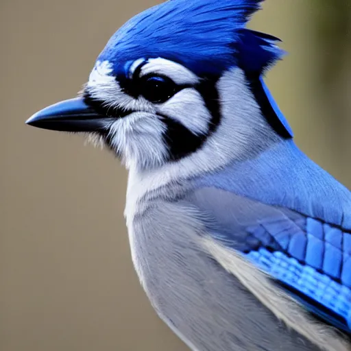 Prompt: photo of blue jay wearing leather jacket