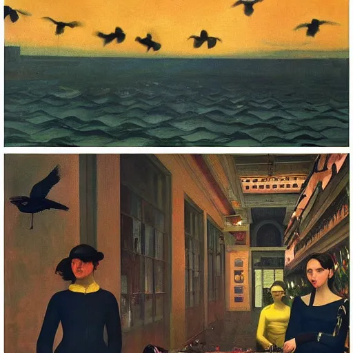 Image similar to a battle of crows in mumbai, hyperrealistic film still by edward hopper, by gottfried helnwein, by klimt, by paolo uccello, art nouveau, highly detailed, strong lights, liminal, eerie, bright pastel colors